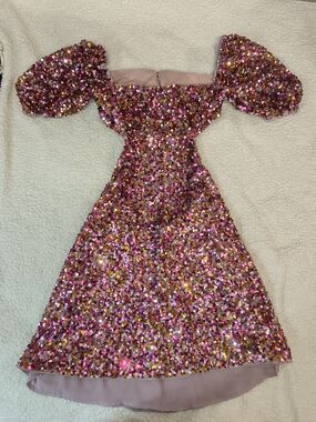 Bad Girl Pink Sequin Off Shoulder Puff Sleeve Mini Dress Small S Party Cocktail